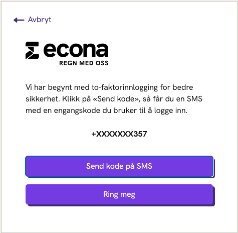 Skjermbilde fra econa.no: motta engangskode på SMS