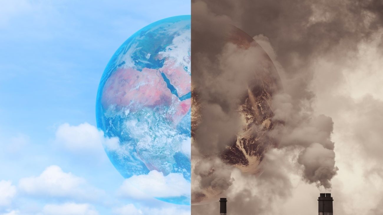 En todelt illustrasjon av jordkloden. En halvdel i blå himmel, den andre halvdelen dekket i skadelige utslipp.