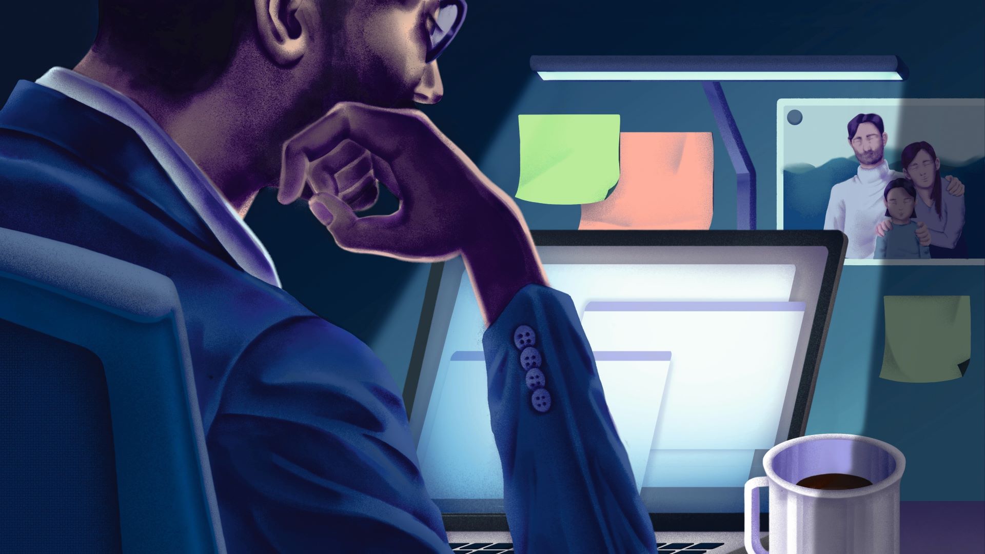 Illustrasjon av mann som sitter på et kontor med laptopen foran seg.