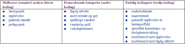 Tabelloversikt over kodingsprosess