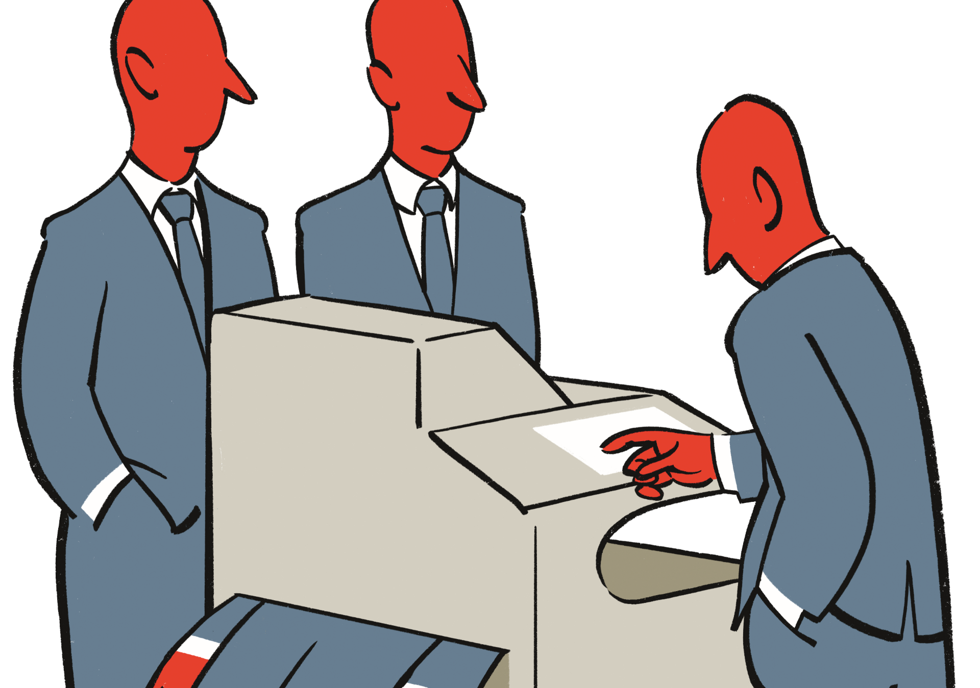 Illustrasjon av helt like menn i dress som lager kopier av seg selv. Viser til annerledeshet i ansettelsesprosesser og at vi skal unngå å ansette oss selv.