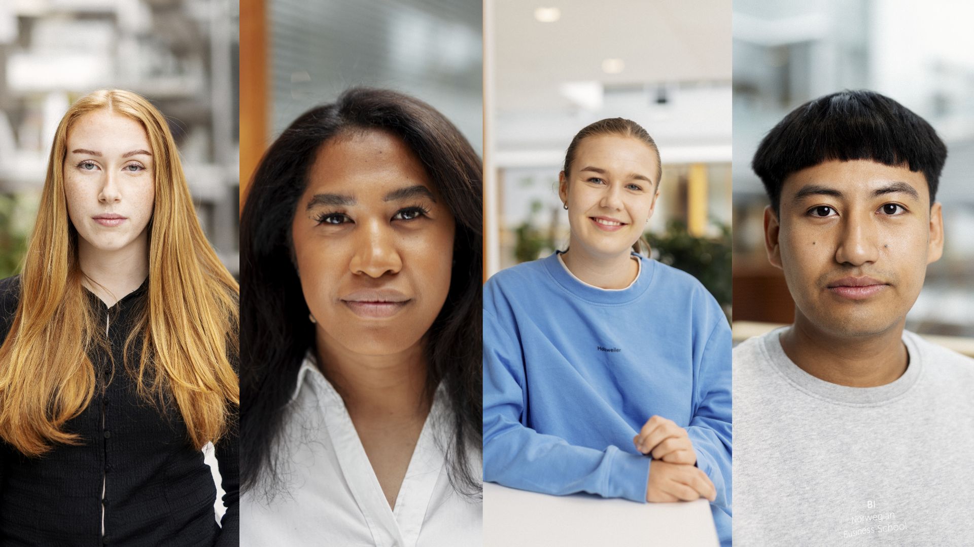 Fire studenter som representerer ulik bakgrunn.
