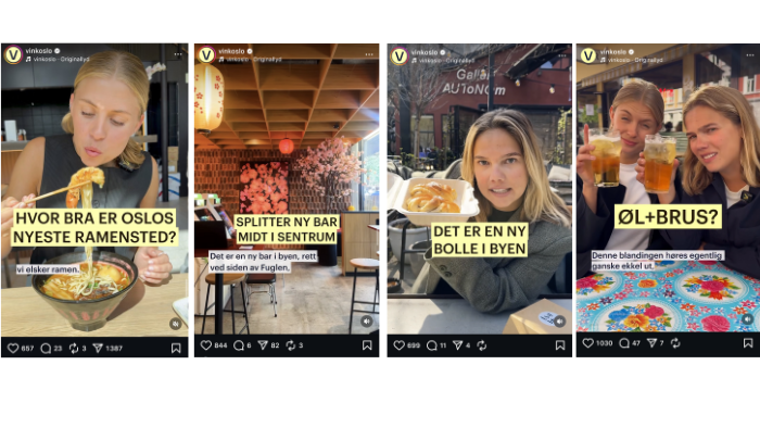 Fire skjermbilder fra Instagram av jenter som anmelder spisesteder i Oslo.