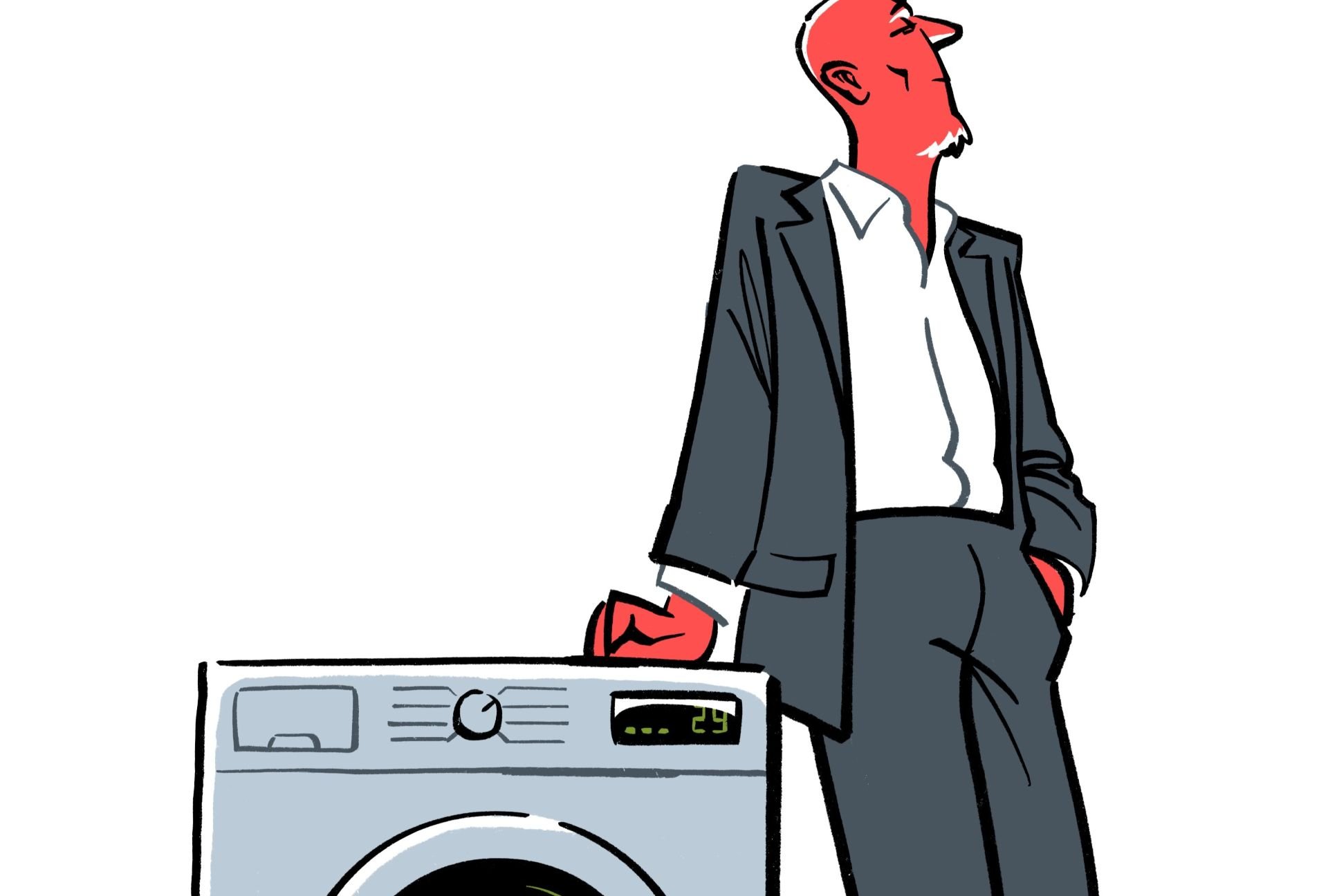 Illustrasjon av en mann i dress som lener seg mot en vaskemaskin. Skal illustrere grønnvasking.