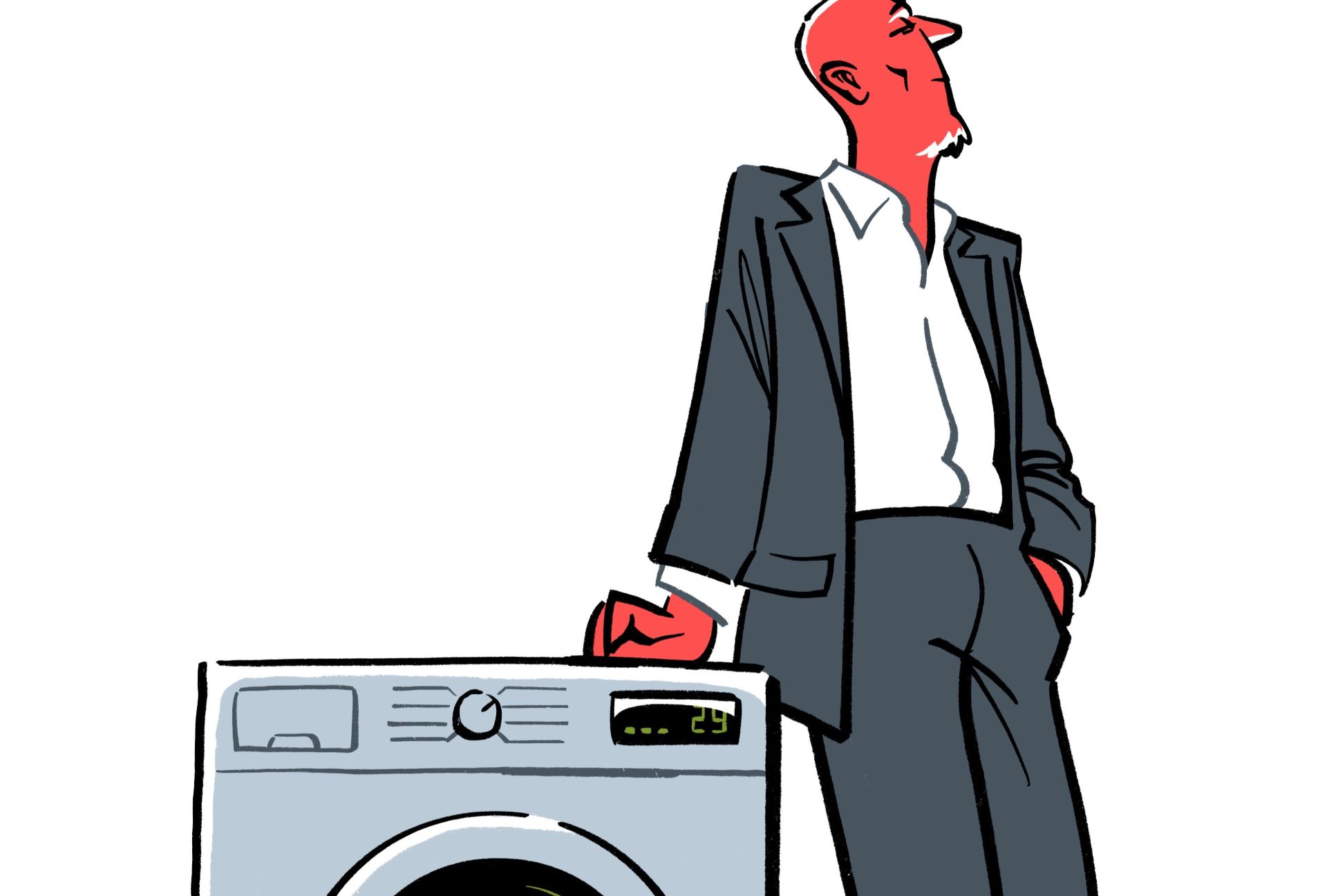 Illustrasjon av en mann i dress som lener seg mot en vaskemaskin. Skal illustrere grønnvasking.