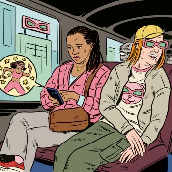 Illustrasjon av to personer som sitter ved siden av hverandre i en buss, der den ene scroller på mobilen og blir eksponert for markedsføring.