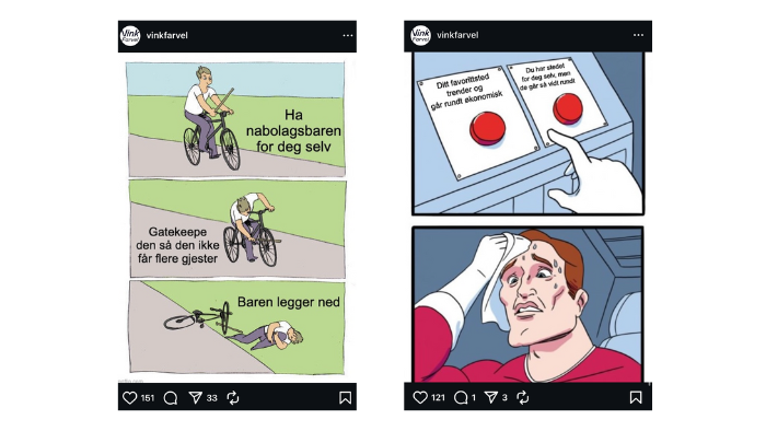 To skjermbilder av memes fra Instagram som gjør narr av trender i Oslo.