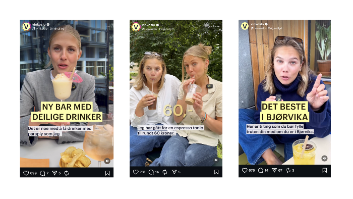 Tre skjermbilder fra Instagram av jenter som anmelder spisesteder i Oslo.