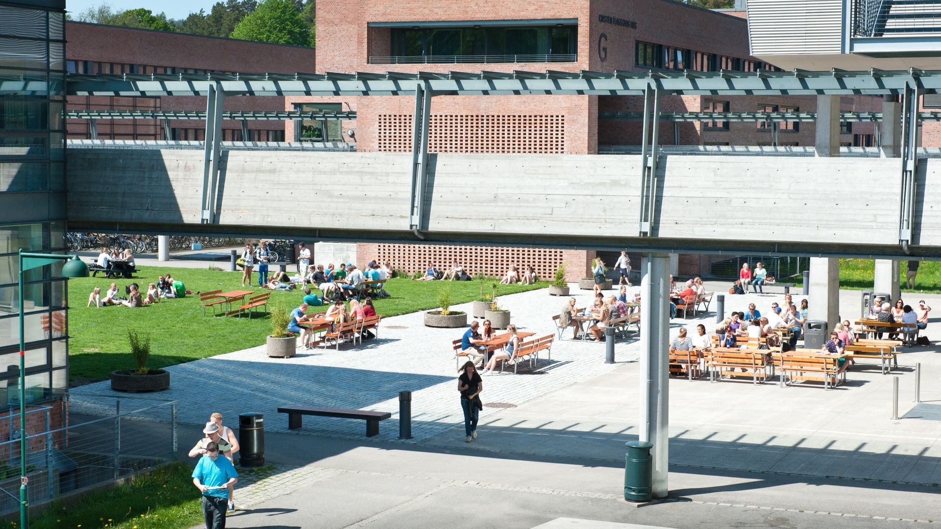 Skolebygget til Universitetet i Agder (Kristiansand) sett utenfra, med mange studenter i uteområdet.