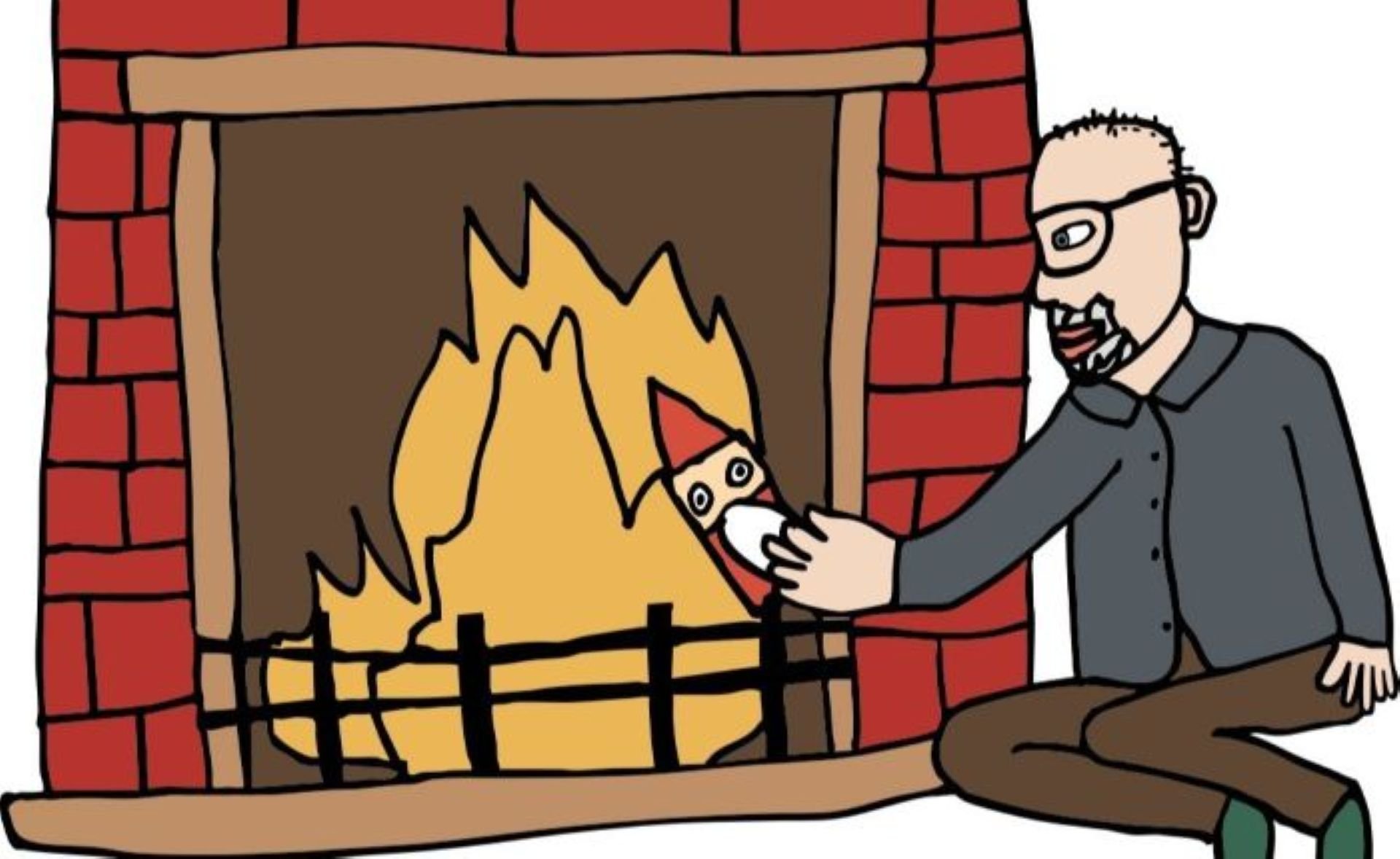 Illustrasjon av en mann som sitter ved en peis og kaster julegaver inn i peisen.