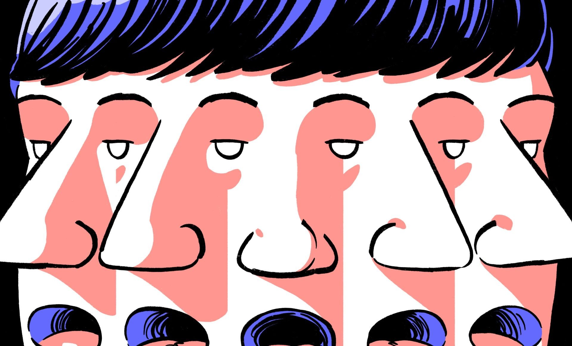 Illustrasjon av fem identiske mennesker med lilla hår som gaper.