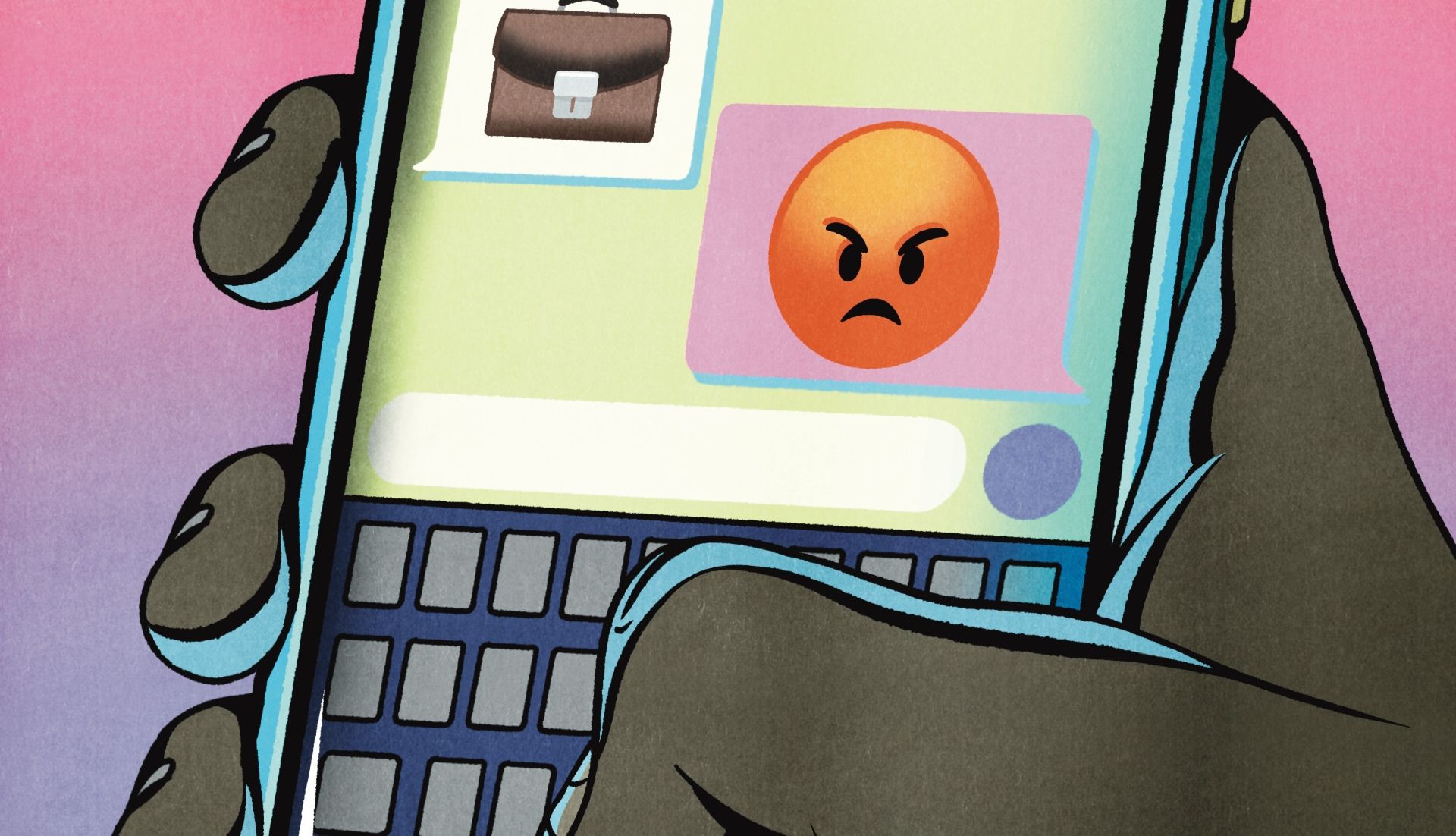 Illustrasjon av en hånd som tekster på en mobiltelefon der det utveksles emojier i meldingen.