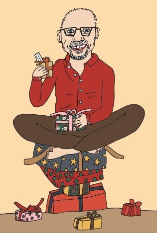 Illustrasjon av en mann som sitter på en haug med julegaver.