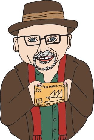 Illustrasjon av en mann som holder en pengeseddel med begge hender og skal gi den videre.