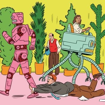 Illustrasjon av et futuristisk og kaotisk kontorlandskap med både roboter og mennesker.