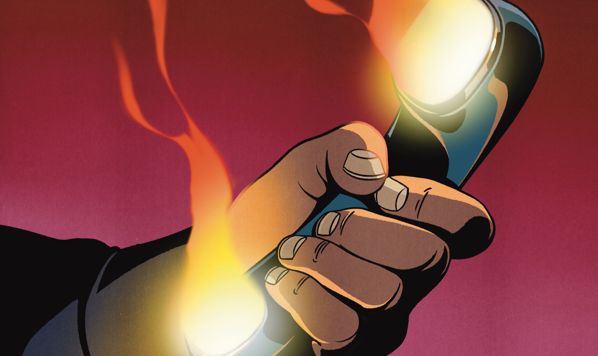 Illustrasjon av en hånd som holder i en brennende fasttelefon.