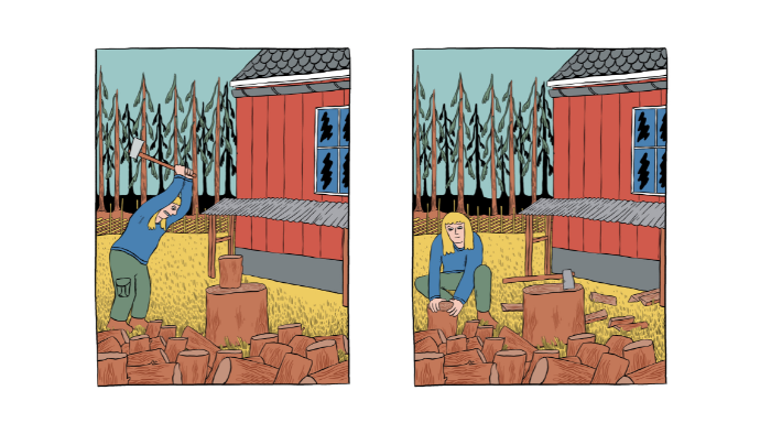 Illustrasjon av en mann som står og hugger masse ved utenfor et rødt hus.