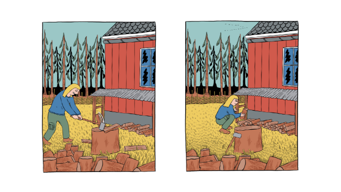 Illustrasjon av en mann som stabler masse ved som han har hugget utenfor et rødt hus.