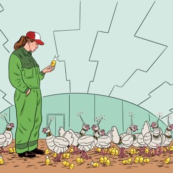 Illustrasjon av en bonde som står inne i et stort hønsehus fullt av robotiserte høns.