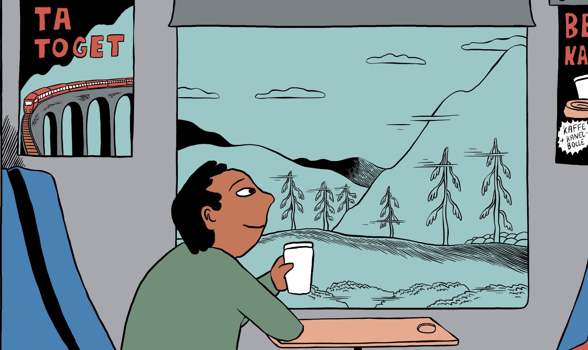 Illustrasjon av en person som sitter på et tog og ser ut av vinduet med en kaffekopp i hånden.