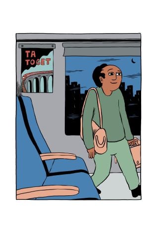 Illustrasjon av togpassasjer som har ankommet destinasjonen sin og har med seg bagasjen på vei ut av toget.