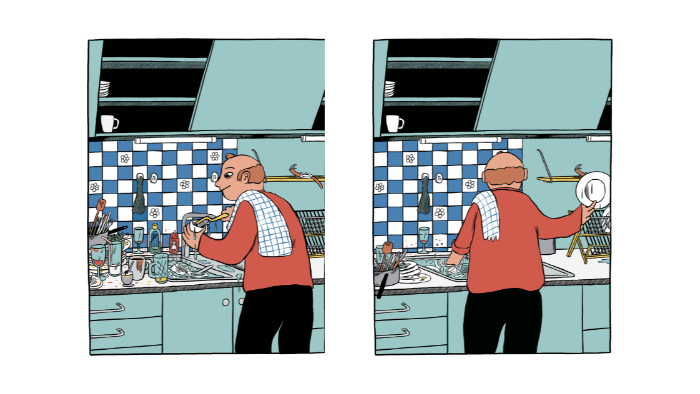 Illustrasjon av en mann som står på et kjøkken og tar oppvasken.