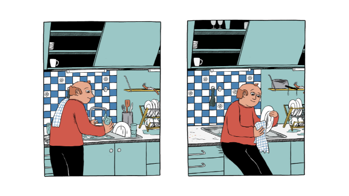 Illustrasjon av en mann som står og lener seg mot en kjøkkenbenk mens han tar oppvasken.