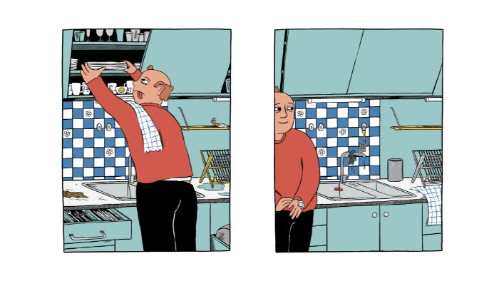 Illustrasjon av en mann som rydder vekk oppvasken på et kjøkken.